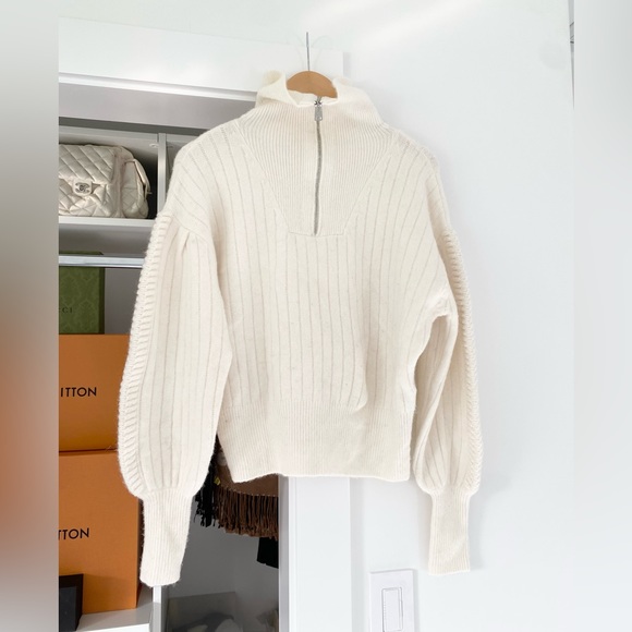 AllSaints Viola Zip Collar Wool Ribbed Puff Sleeve Sweater - Picture 5 of 9